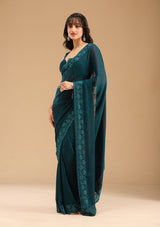 Women's Blue Threadwork Chiffon Saree