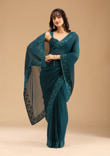 Women's Blue Threadwork Chiffon Saree