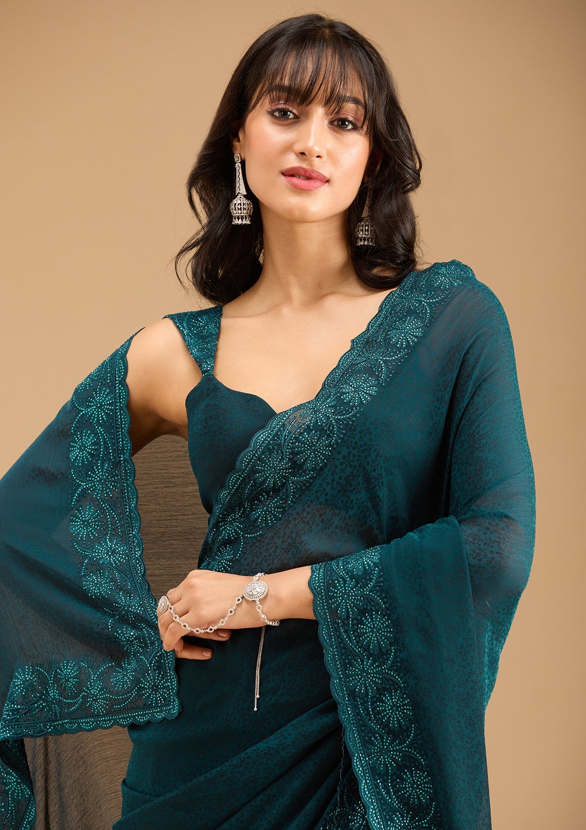 Women's Blue Threadwork Chiffon Saree