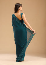 Women's Blue Threadwork Chiffon Saree