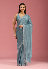 Women's Teal Green Stonework Silver Satin Saree