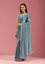 Women's Teal Green Stonework Silver Satin Saree