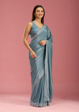 Women's Teal Green Stonework Silver Satin Saree