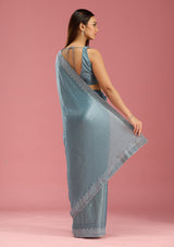 Women's Teal Green Stonework Silver Satin Saree