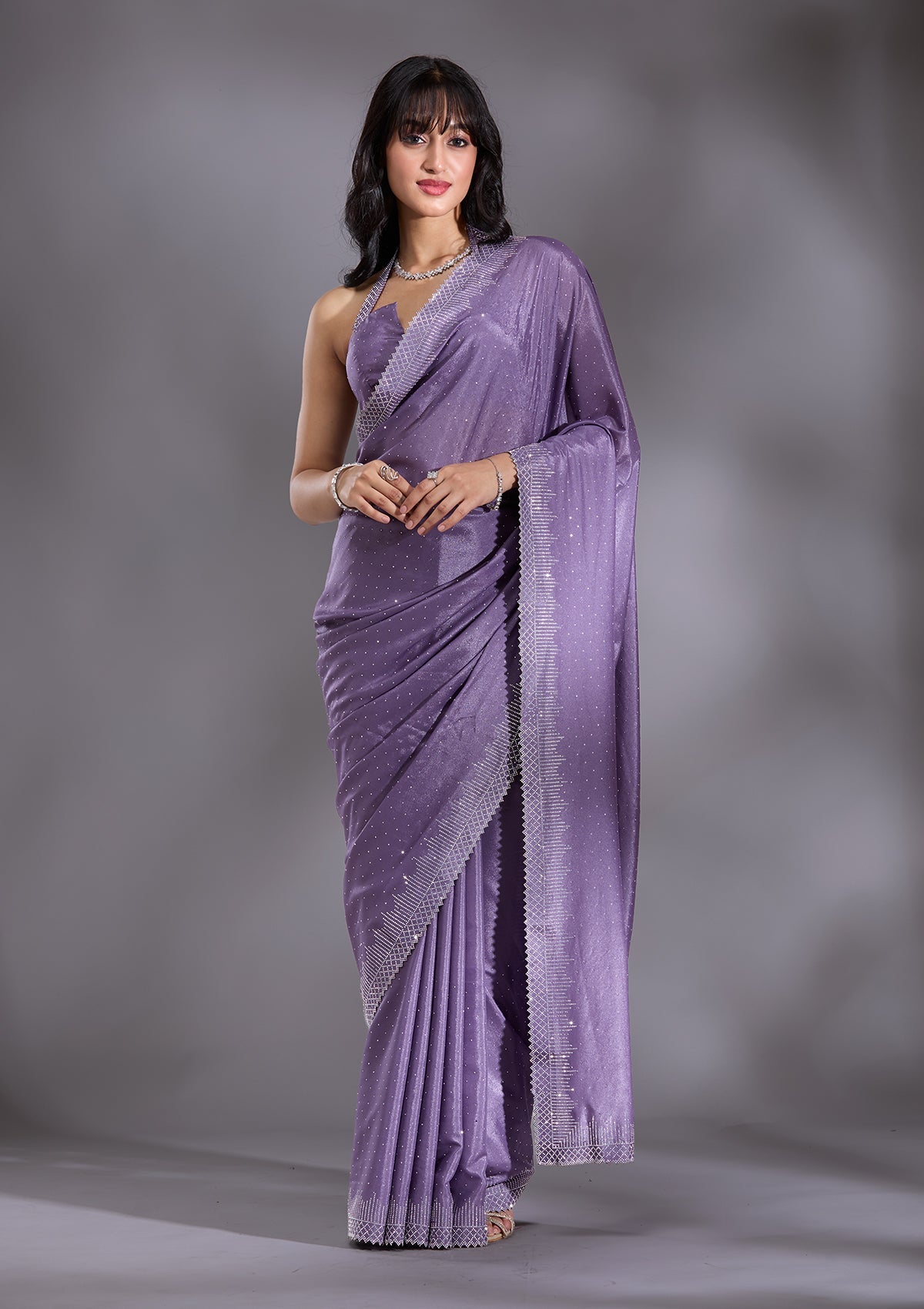 Women's Violet Silver Stonework Satin Saree
