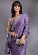 Women's Violet Silver Stonework Satin Saree