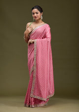 Women's Baby Pink Printed Soft Raw Silk Saree