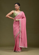 Women's Baby Pink Printed Soft Raw Silk Saree