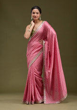 Women's Baby Pink Printed Soft Raw Silk Saree