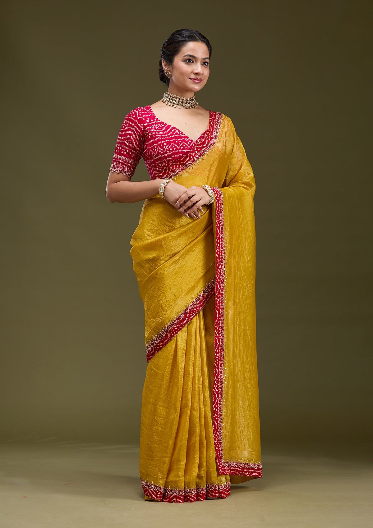 Women's Mustard Printed Satin Saree