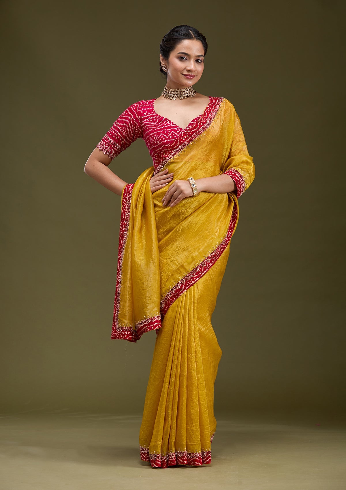 Women's Mustard Printed Satin Saree