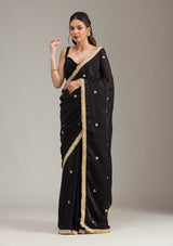 Women's Black Stonework Gold Georgette Saree