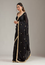 Women's Black Stonework Gold Georgette Saree