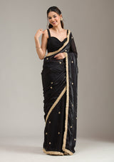 Women's Black Stonework Gold Georgette Saree
