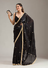 Women's Black Stonework Gold Georgette Saree