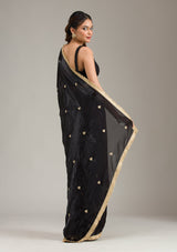 Women's Black Stonework Gold Georgette Saree