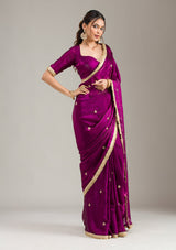 Women's Wine Stonework Gold Tissue Saree
