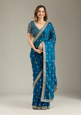 Women's Peacock Blue Zariwork Gold Tissue Saree