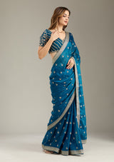 Women's Peacock Blue Zariwork Gold Tissue Saree