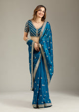 Women's Peacock Blue Zariwork Gold Tissue Saree