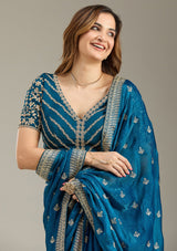 Women's Peacock Blue Zariwork Gold Tissue Saree