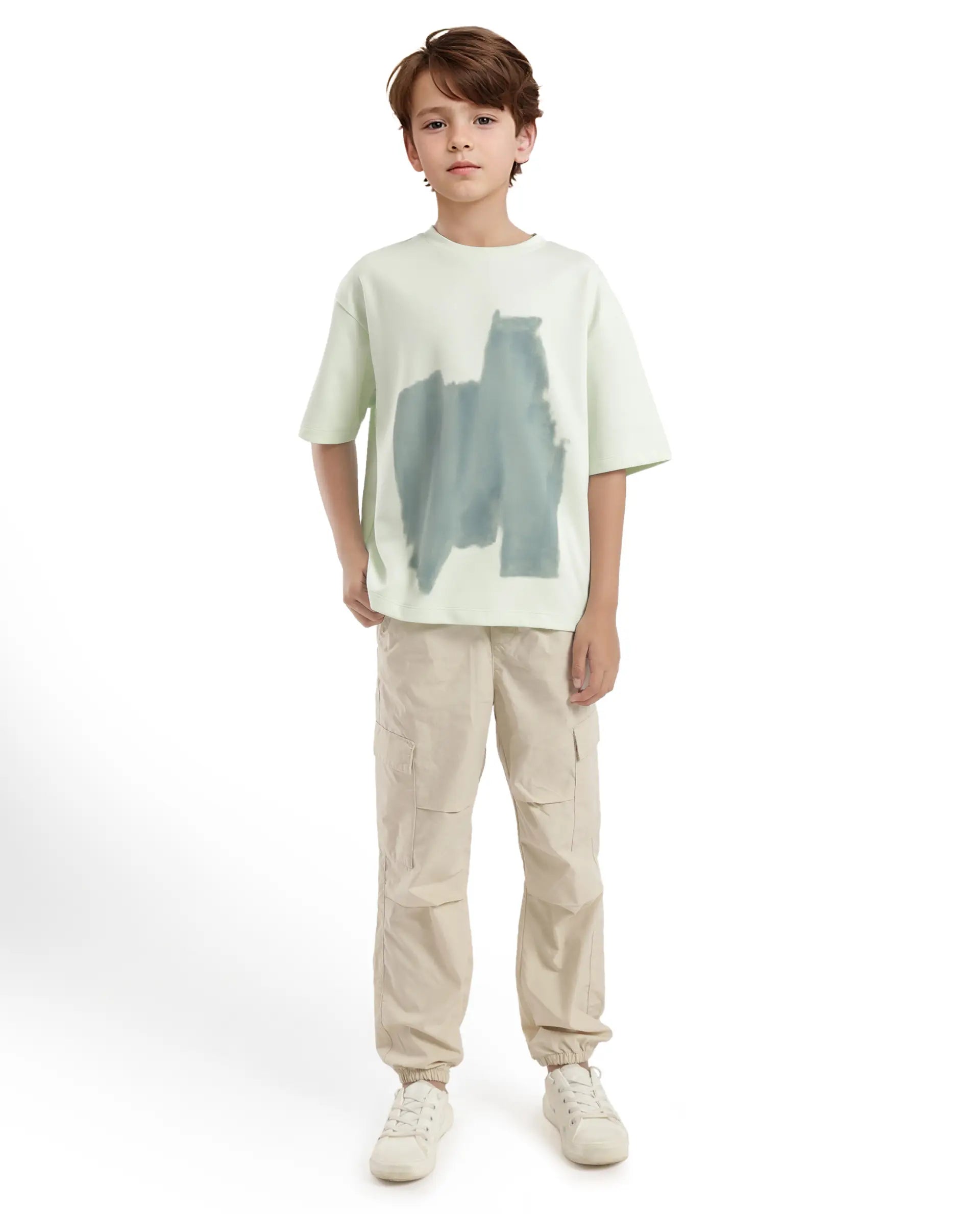 Boys Green Casual Oversized Fit Graphic Printed Half Sleeves Tshirt