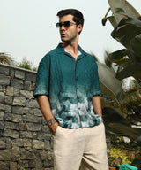 Men's Teal Green Casual Abstract-Ombre Half Sleeve Oversized Shirt