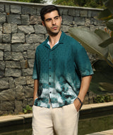 Men's Teal Green Casual Abstract-Ombre Half Sleeve Oversized Shirt