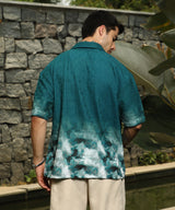 Men's Teal Green Casual Abstract-Ombre Half Sleeve Oversized Shirt