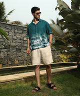 Men's Teal Green Casual Abstract-Ombre Half Sleeve Oversized Shirt