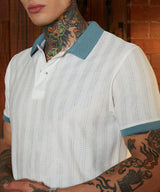 Men's Chalk White and Aegean Blue Contrast Texture Polo Tshirt