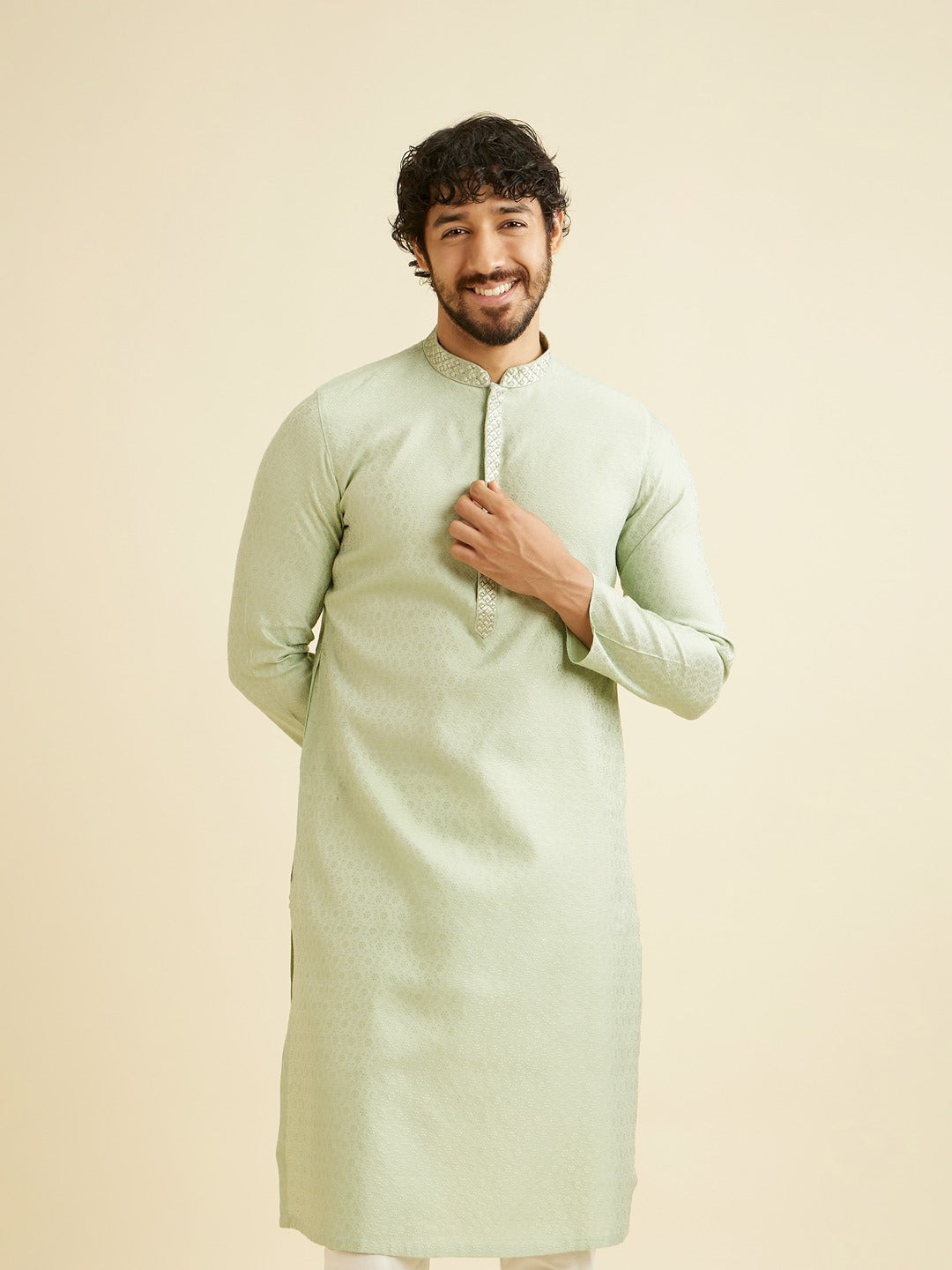 Men's Green Ethnic Relaxed Fit Solid Full Sleeves Kurta Set