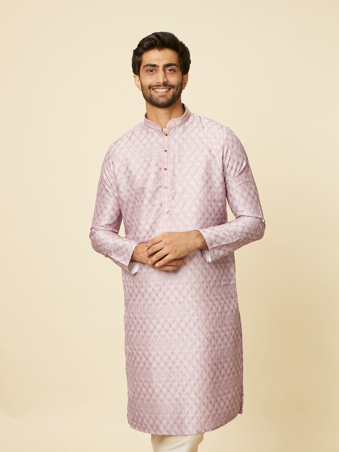 Men's Pink Ethnic Relaxed Fit Embroidered Full Sleeves Kurta Set