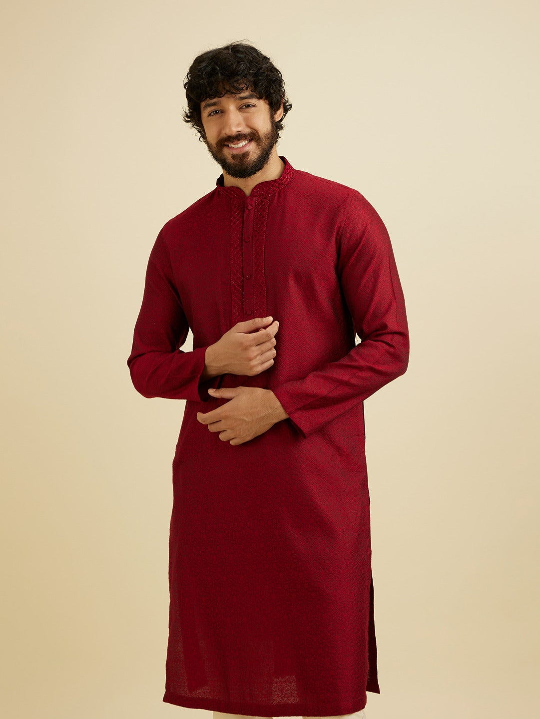 Men's Red Ethnic Relaxed Fit Solid Full Sleeves Kurta Set