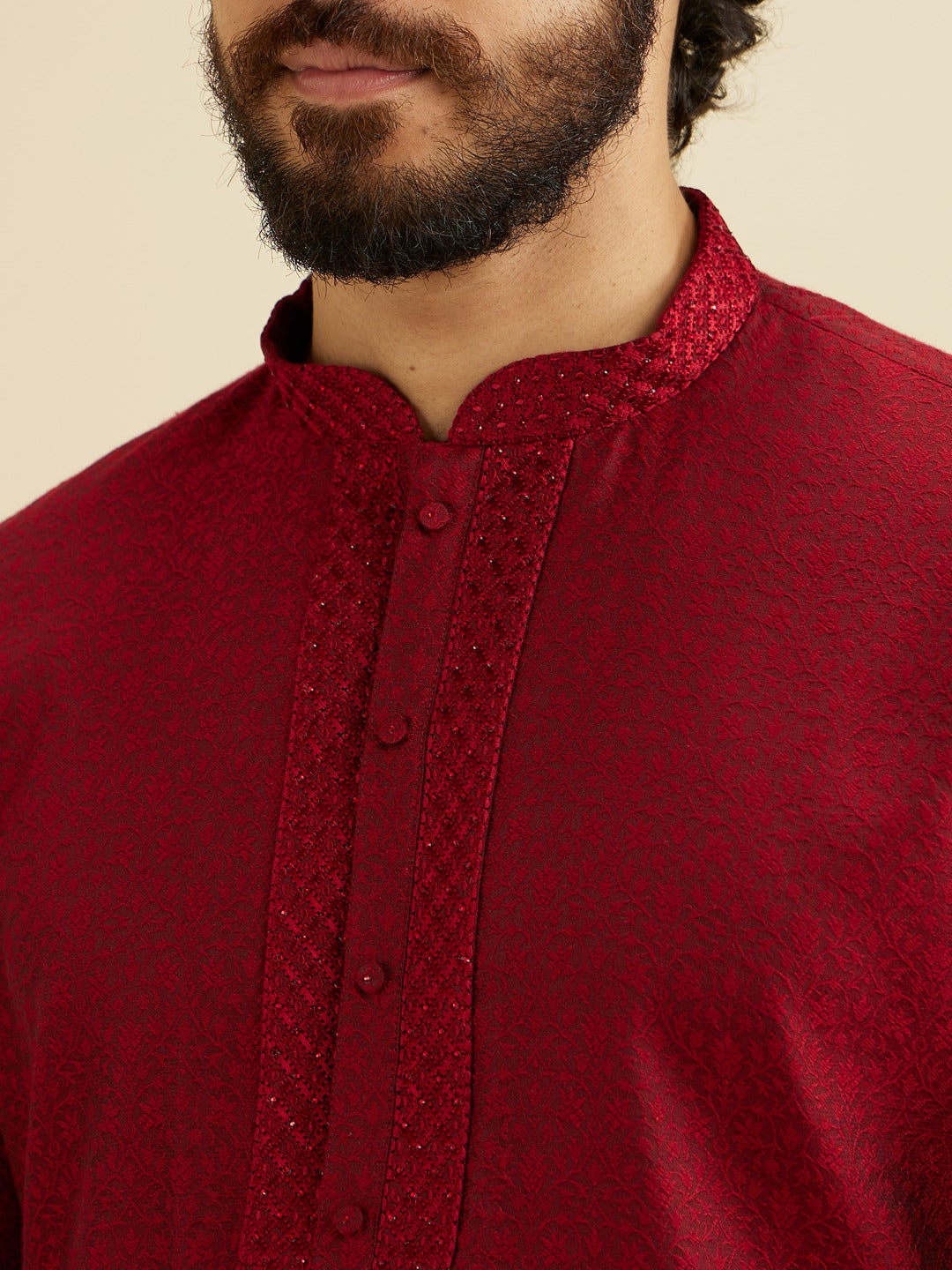 Men's Red Ethnic Relaxed Fit Solid Full Sleeves Kurta Set