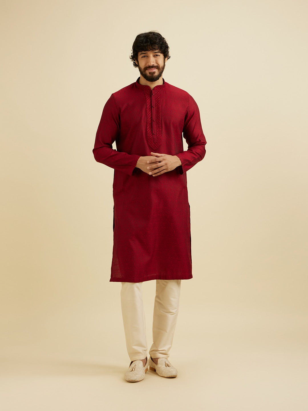 Men's Red Ethnic Relaxed Fit Solid Full Sleeves Kurta Set
