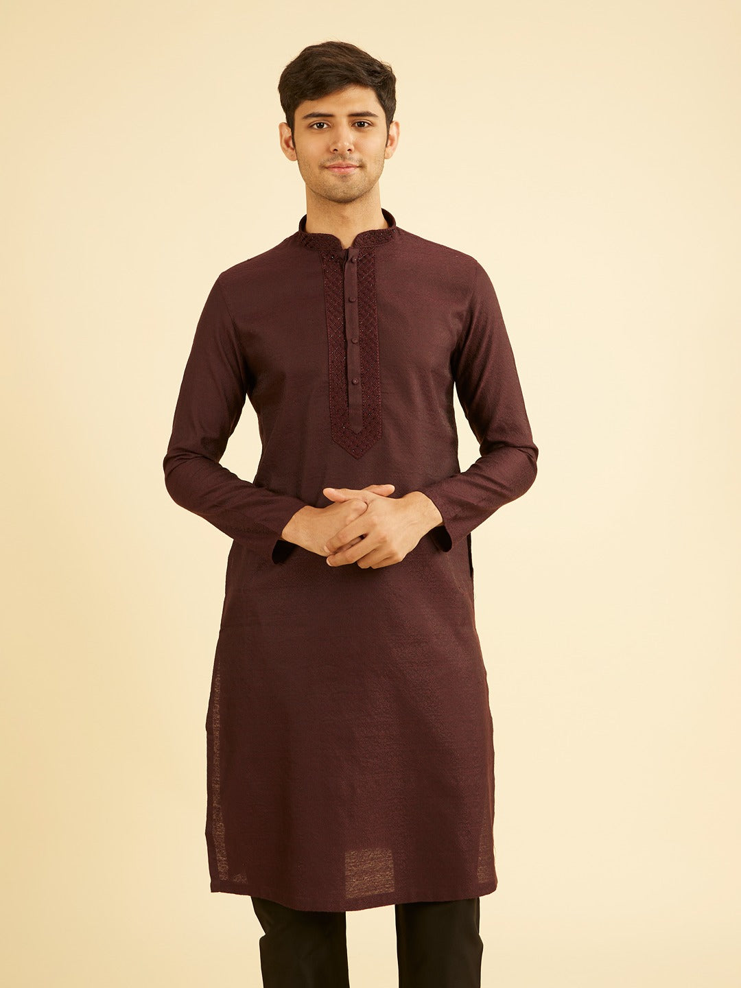 Men's Brown Ethnic Relaxed Fit Embroidered Full Sleeves Kurta Set