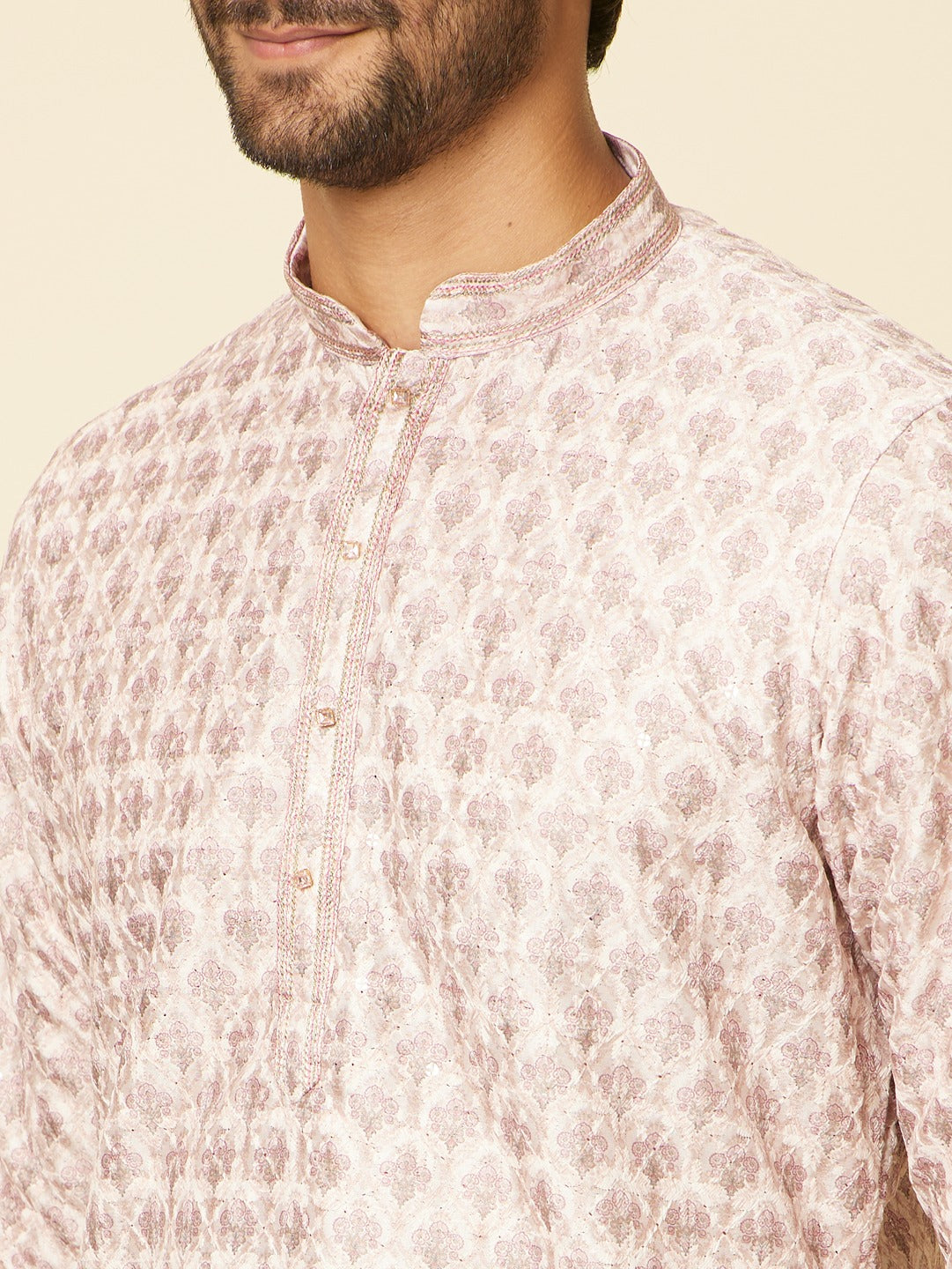 Men's Pink Ethnic Relaxed Fit Embroidered Full Sleeves Kurta Set