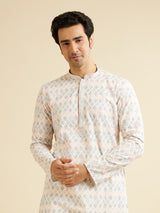 Men's White Ethnic Relaxed Fit Embroidered Full Sleeves Kurta Set