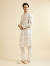 Men's White Ethnic Relaxed Fit Embroidered Full Sleeves Kurta Set