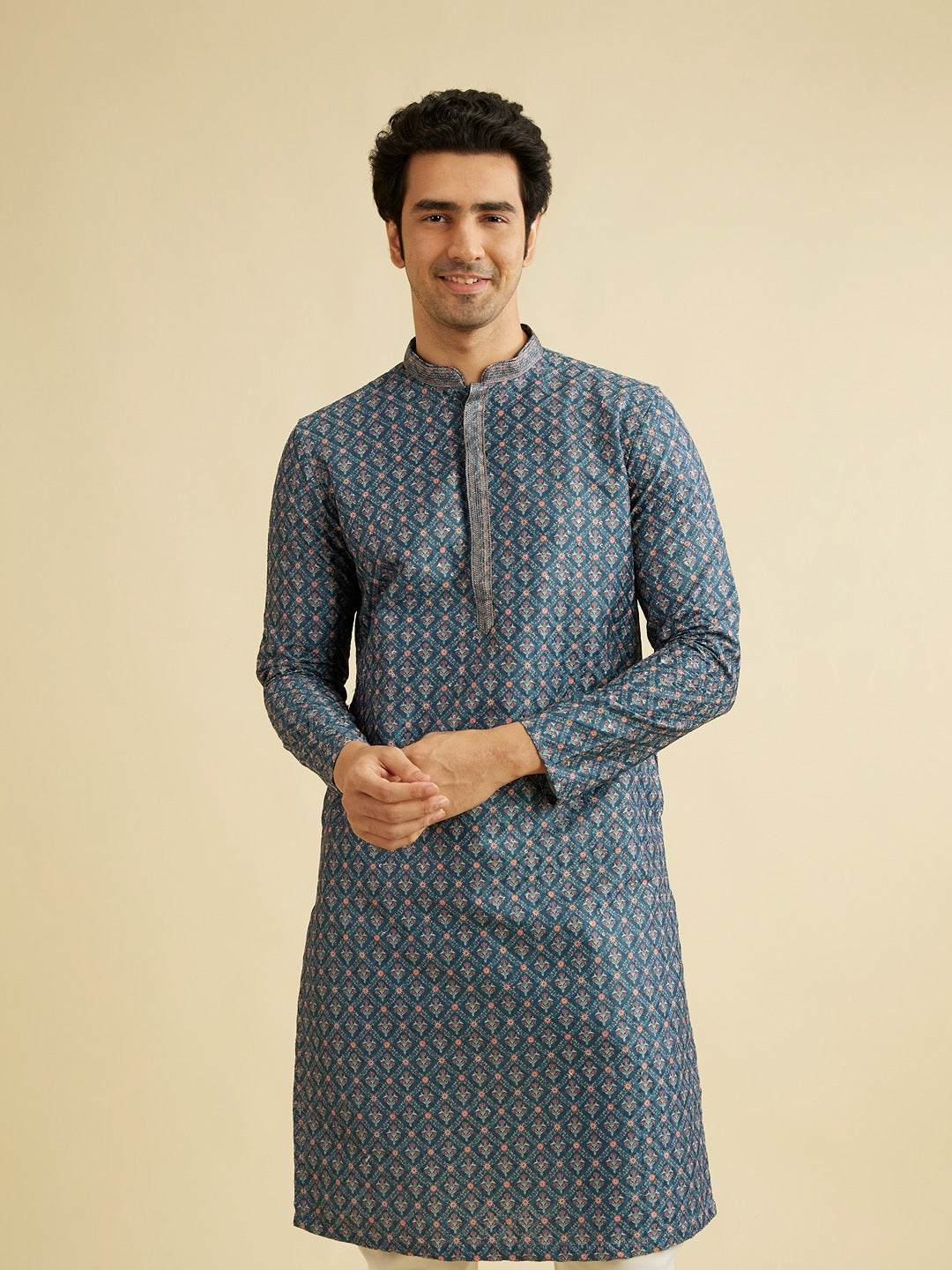 Men's Blue Ethnic Relaxed Fit Printed Full Sleeves Kurta Set
