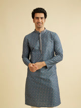 Men's Blue Ethnic Relaxed Fit Printed Full Sleeves Kurta Set