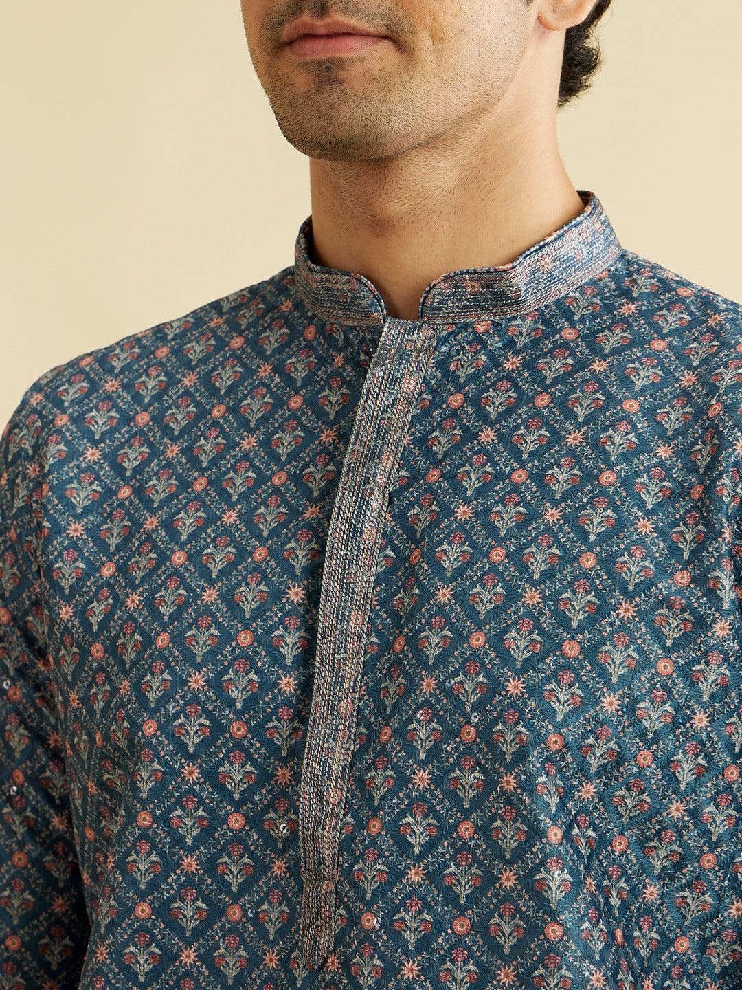 Men's Blue Ethnic Relaxed Fit Printed Full Sleeves Kurta Set
