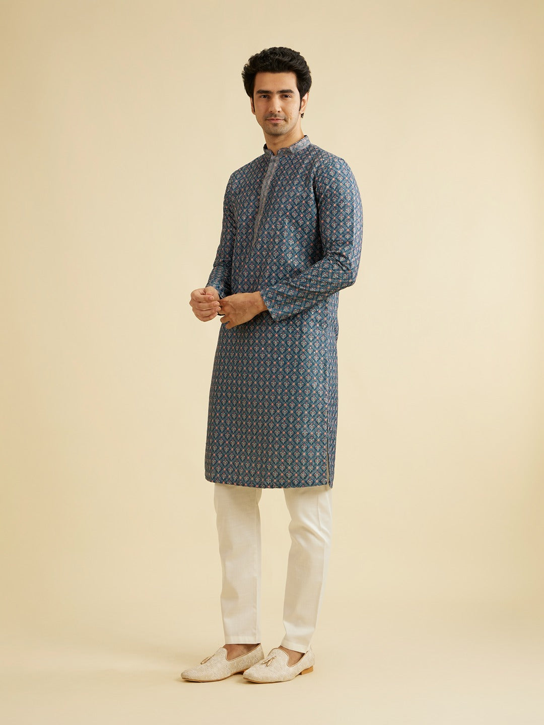 Men's Blue Ethnic Relaxed Fit Printed Full Sleeves Kurta Set