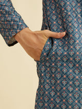 Men's Blue Ethnic Relaxed Fit Printed Full Sleeves Kurta Set