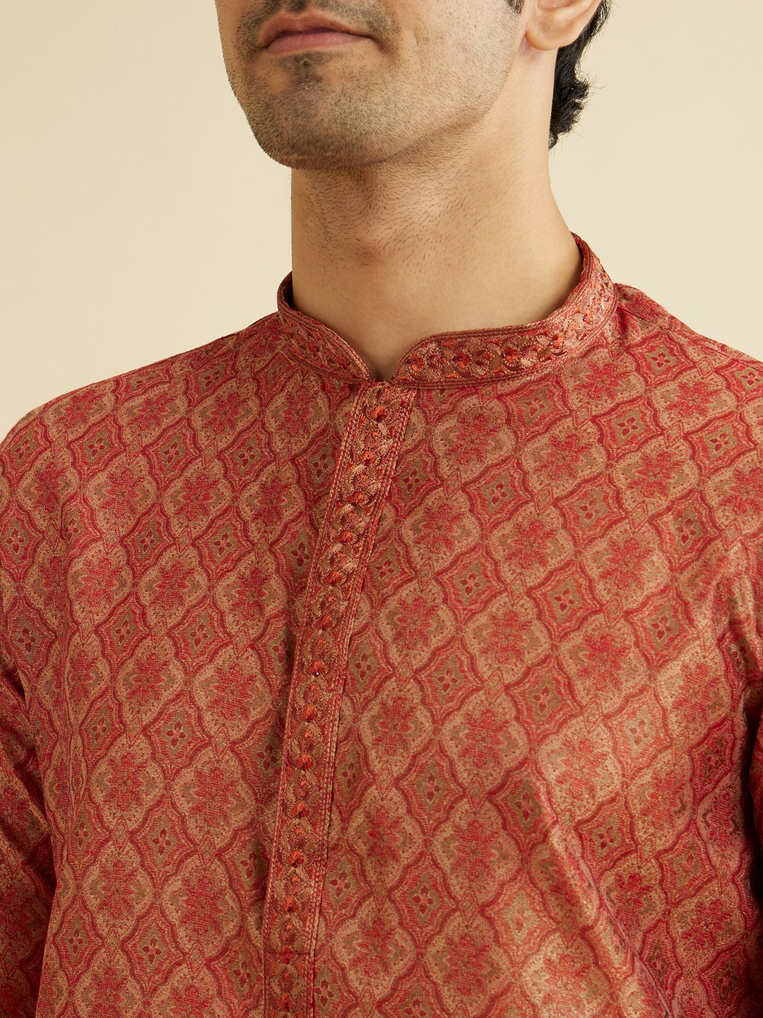 Men's Brown Ethnic Relaxed Fit Embroidered Full Sleeves Kurta Set