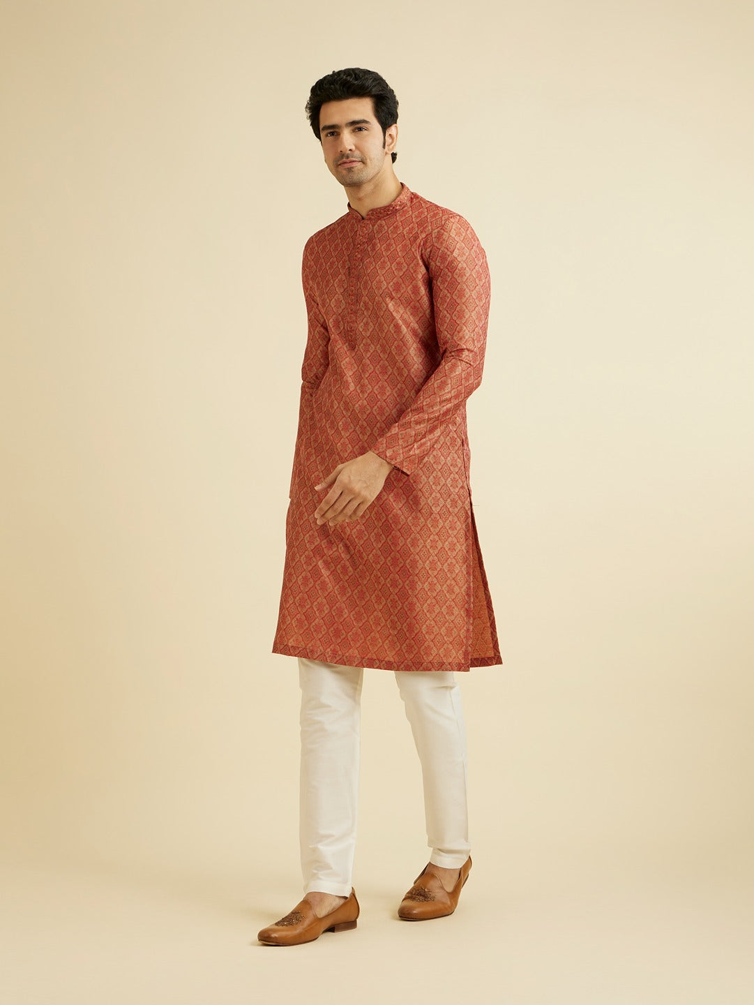 Men's Brown Ethnic Relaxed Fit Embroidered Full Sleeves Kurta Set