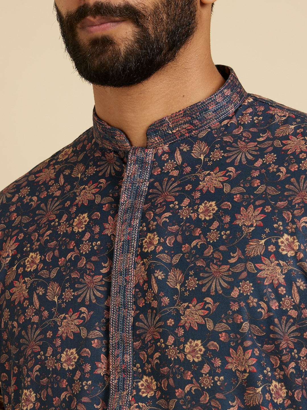 Men's Blue Ethnic Relaxed Fit Printed Full Sleeves Kurta Set