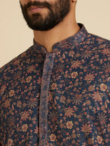 Men's Blue Ethnic Relaxed Fit Printed Full Sleeves Kurta Set