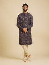 Men's Blue Ethnic Relaxed Fit Printed Full Sleeves Kurta Set
